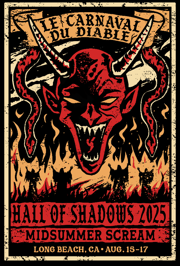 A promotional poster for 'Le Carnaval du Diable', featuring a sinister, red devil with large horns and sharp teeth, set against a backdrop of flames. The text includes 'HALL OF SHADOWS 2025' and 'MIDSUMMER SCREAM' with dates and location information.