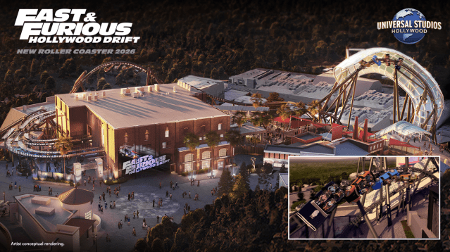 Artist conceptual rendering of the 'Fast & Furious: Hollywood Drift' roller coaster at Universal Studios Hollywood, featuring a large building and a roller coaster track with ride vehicles.