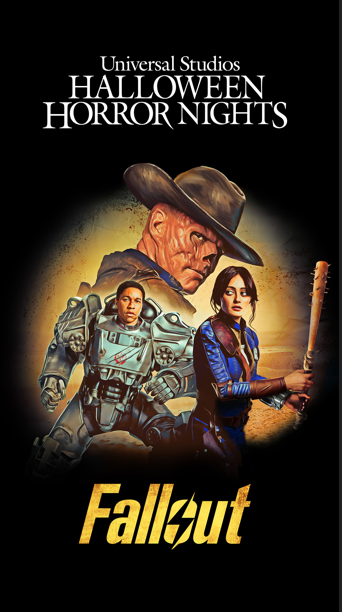 Promotional artwork for Universal Studios Halloween Horror Nights featuring characters from the video game Fallout, including a male character in a power suit, a woman holding a bat, and a mysterious figure in the background.