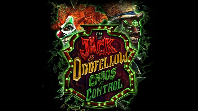 A colorful graphic featuring two clown characters, one with a red nose and vibrant hair, and the other wearing a top hat. The text reads 'Jack & Oddfellow: Chaos & Control,' framed with bright neon lights and cracked glass effects.